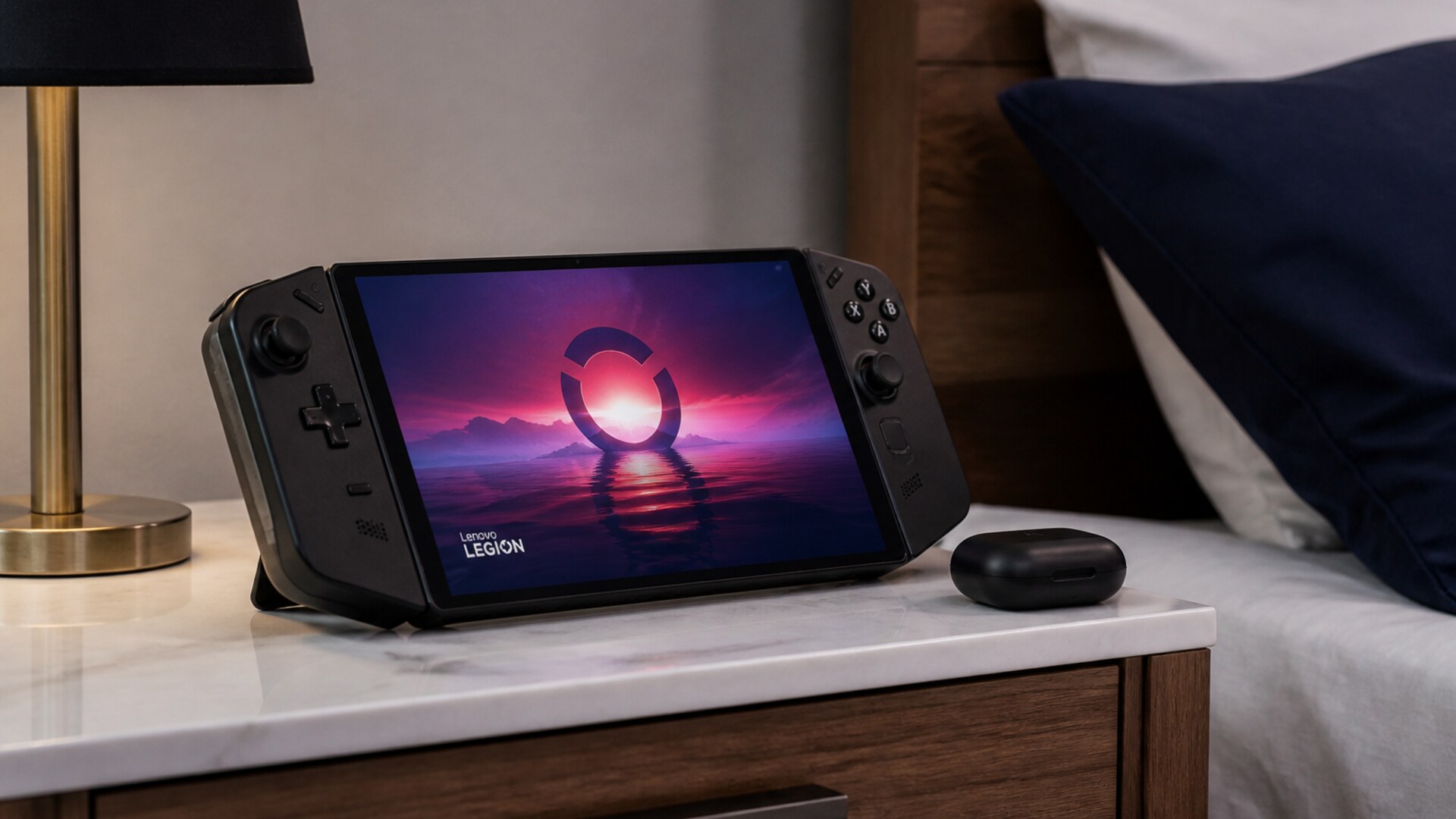 Legion Go 2 on a nightstand kickstand