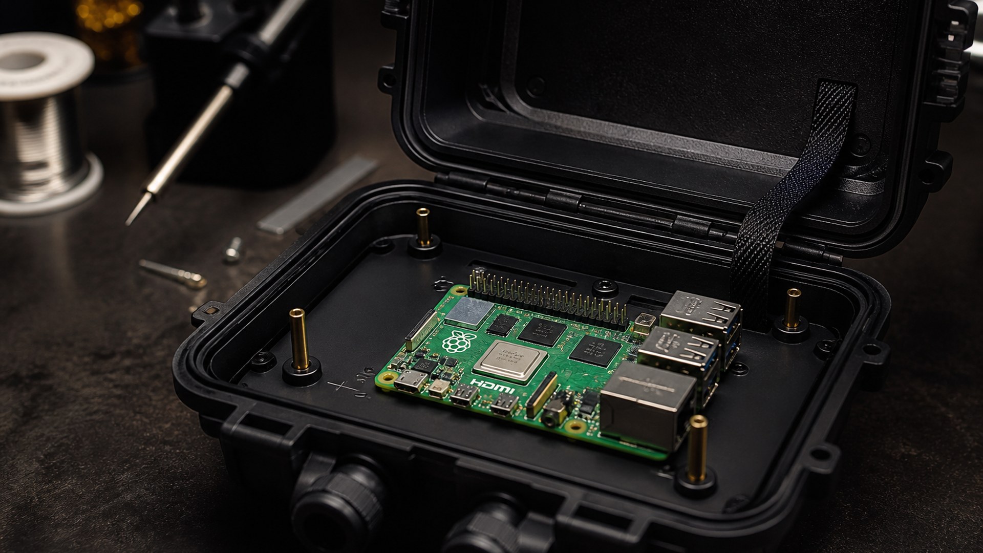 An open Pelican-style case with a Pi 5 on a mount plate