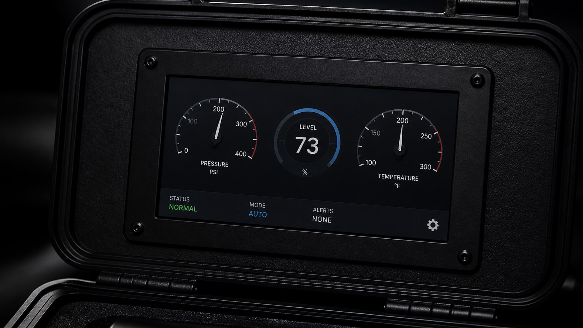 A 17.8 cm touch panel set into a hard-case lid