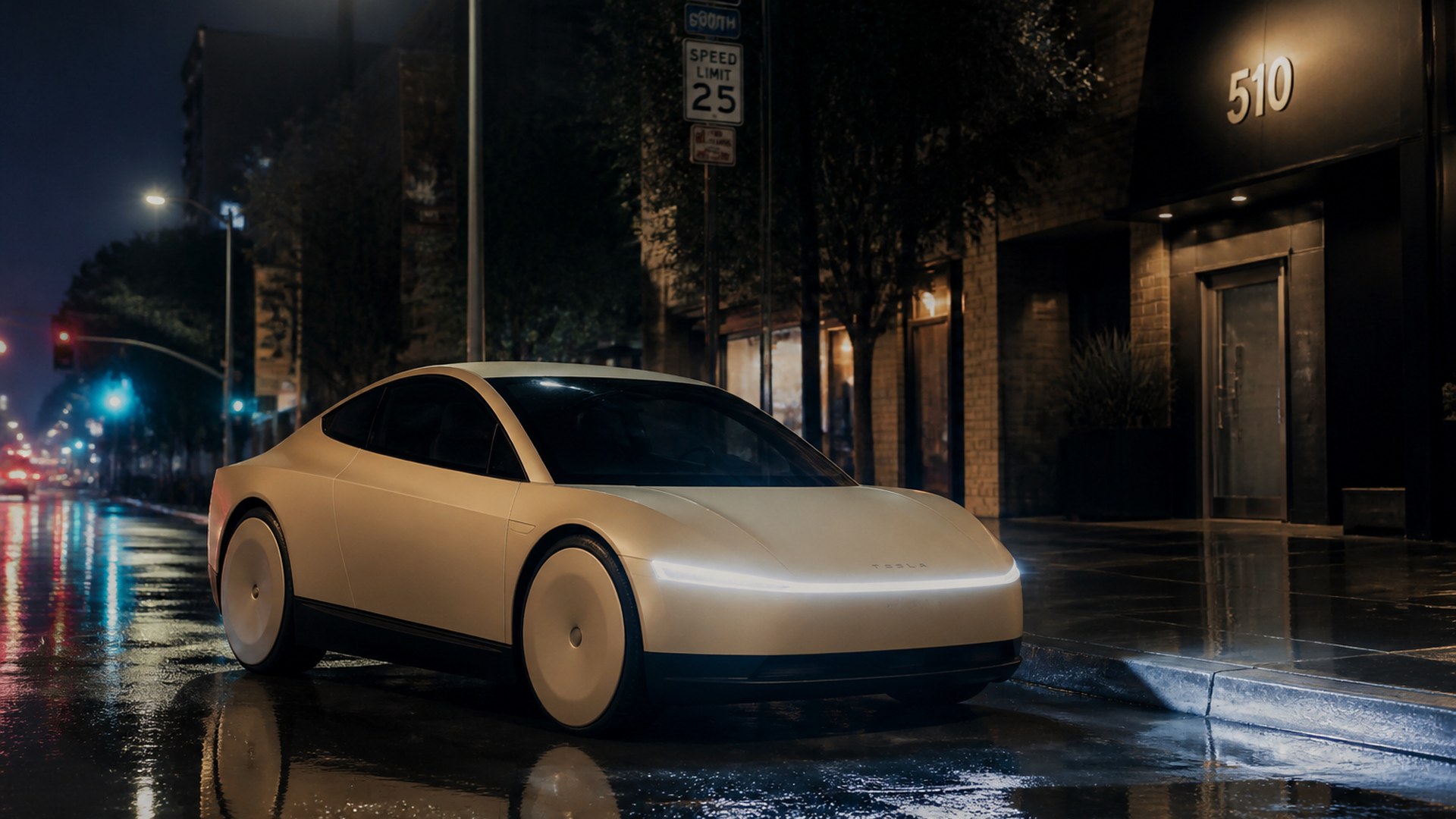 An empty Cybercab on a public street at night