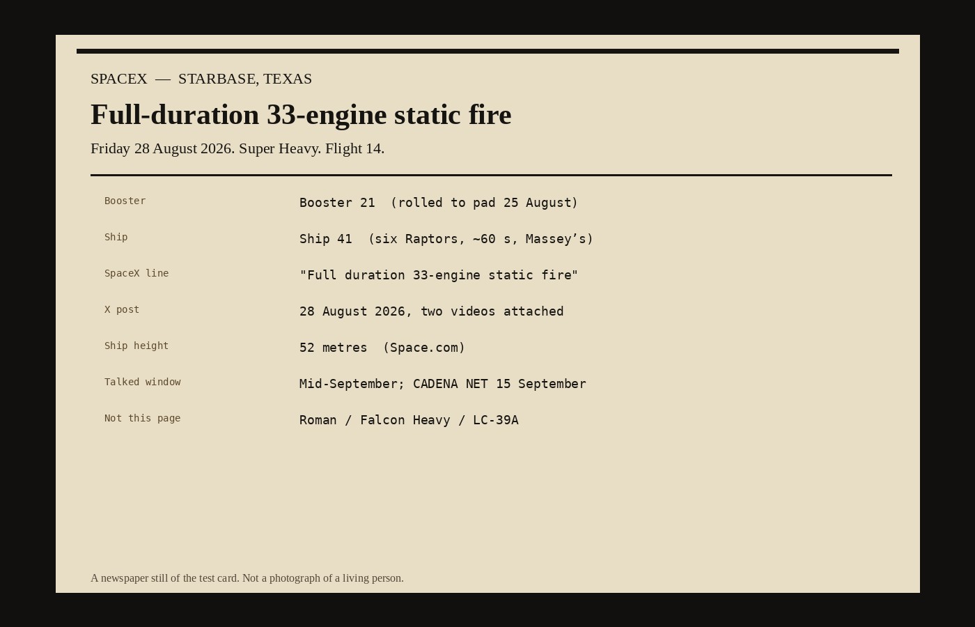 Newspaper still of the 28 August 33-engine static-fire card
