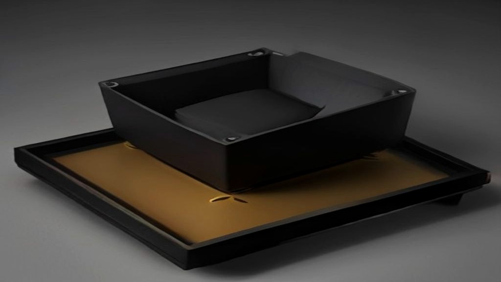 A dark CPU package on a tray