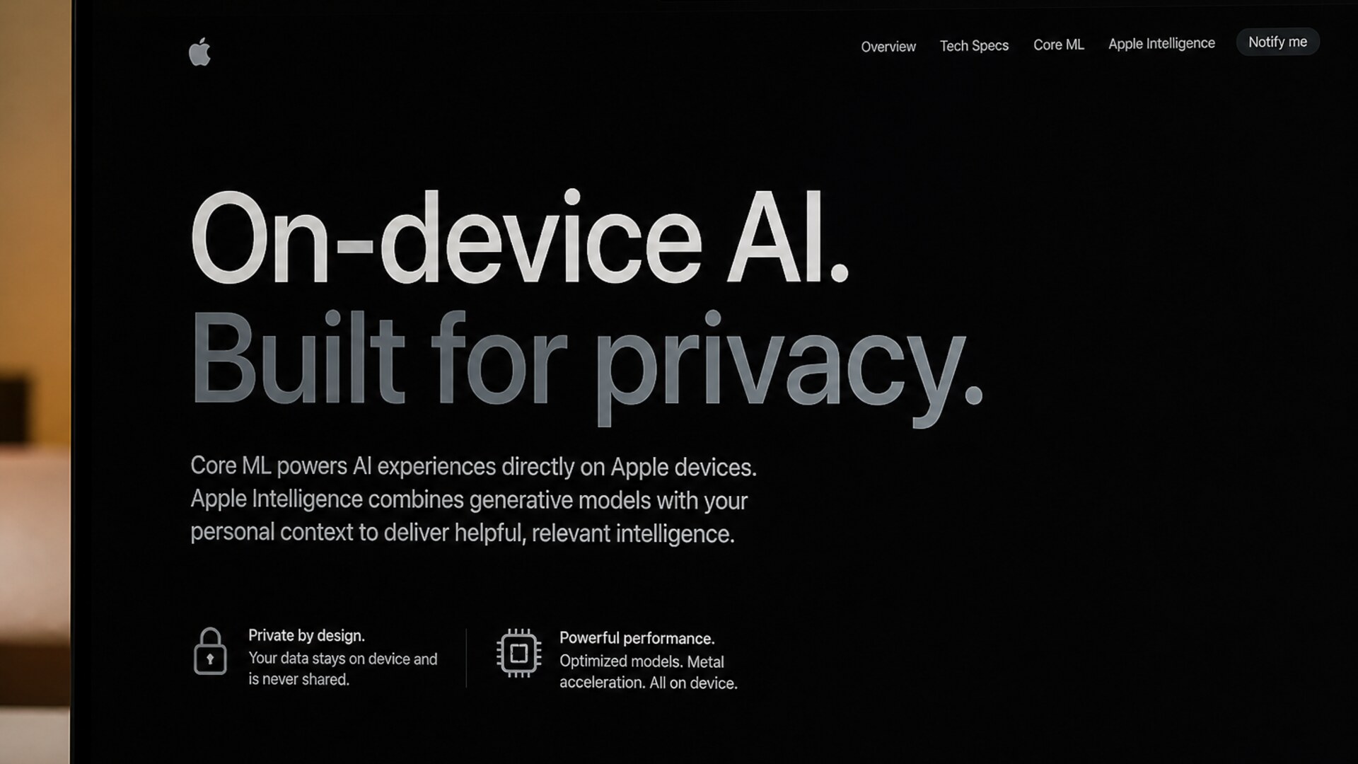 Apple on-device AI page on a monitor