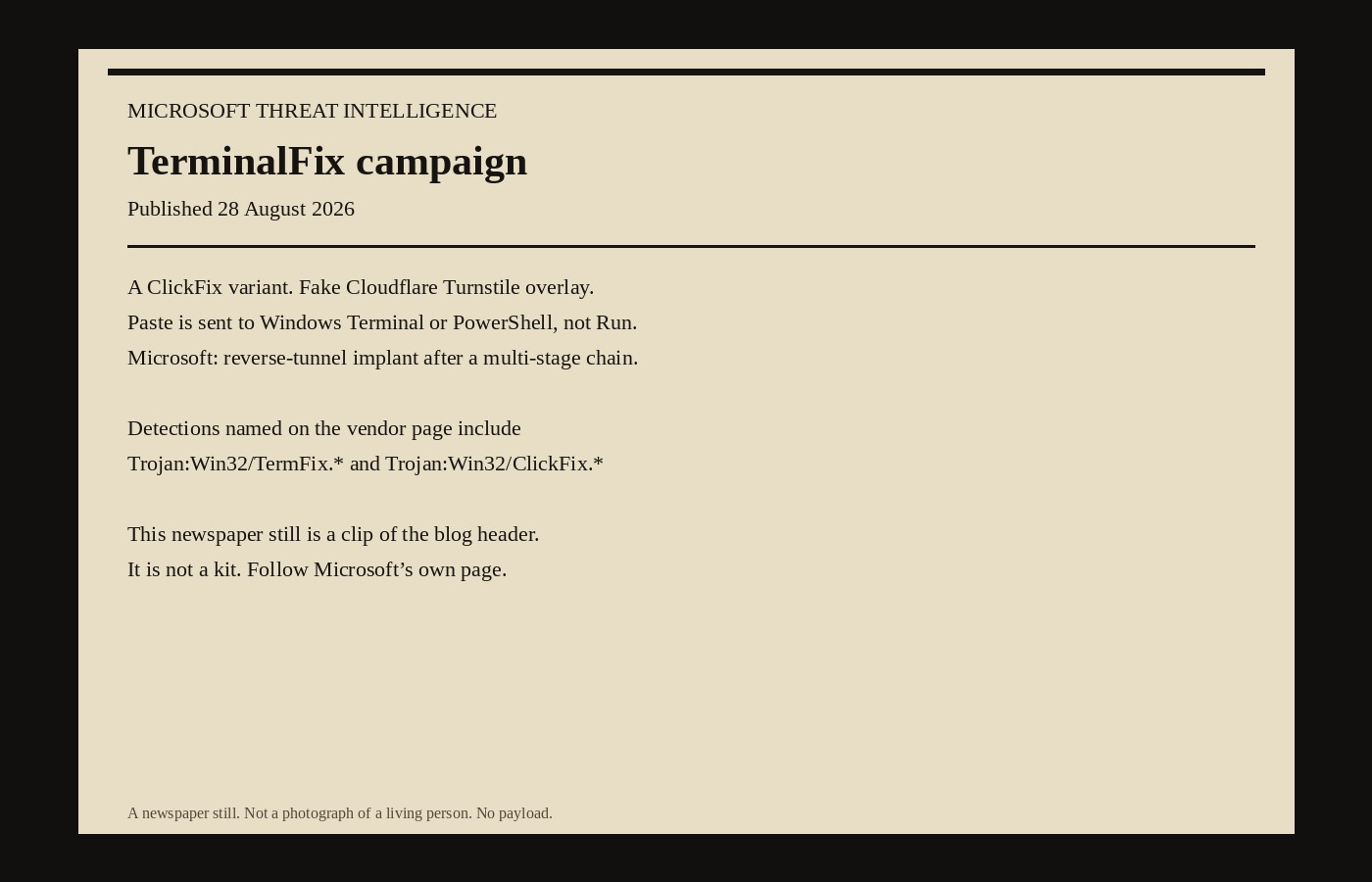 Newspaper still of the 28 August Microsoft TerminalFix blog header