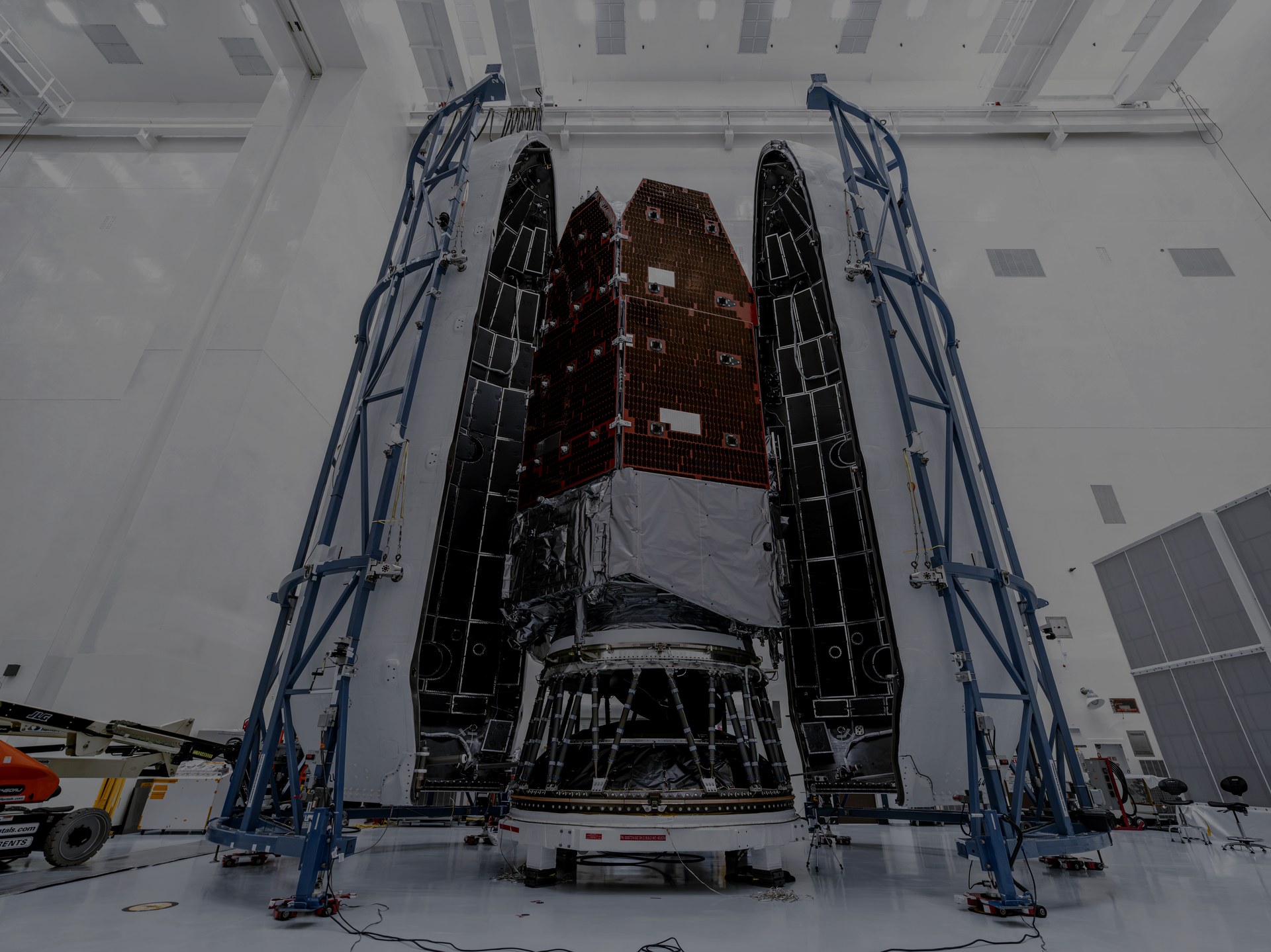 Nancy Grace Roman Space Telescope inside the open Falcon Heavy fairing