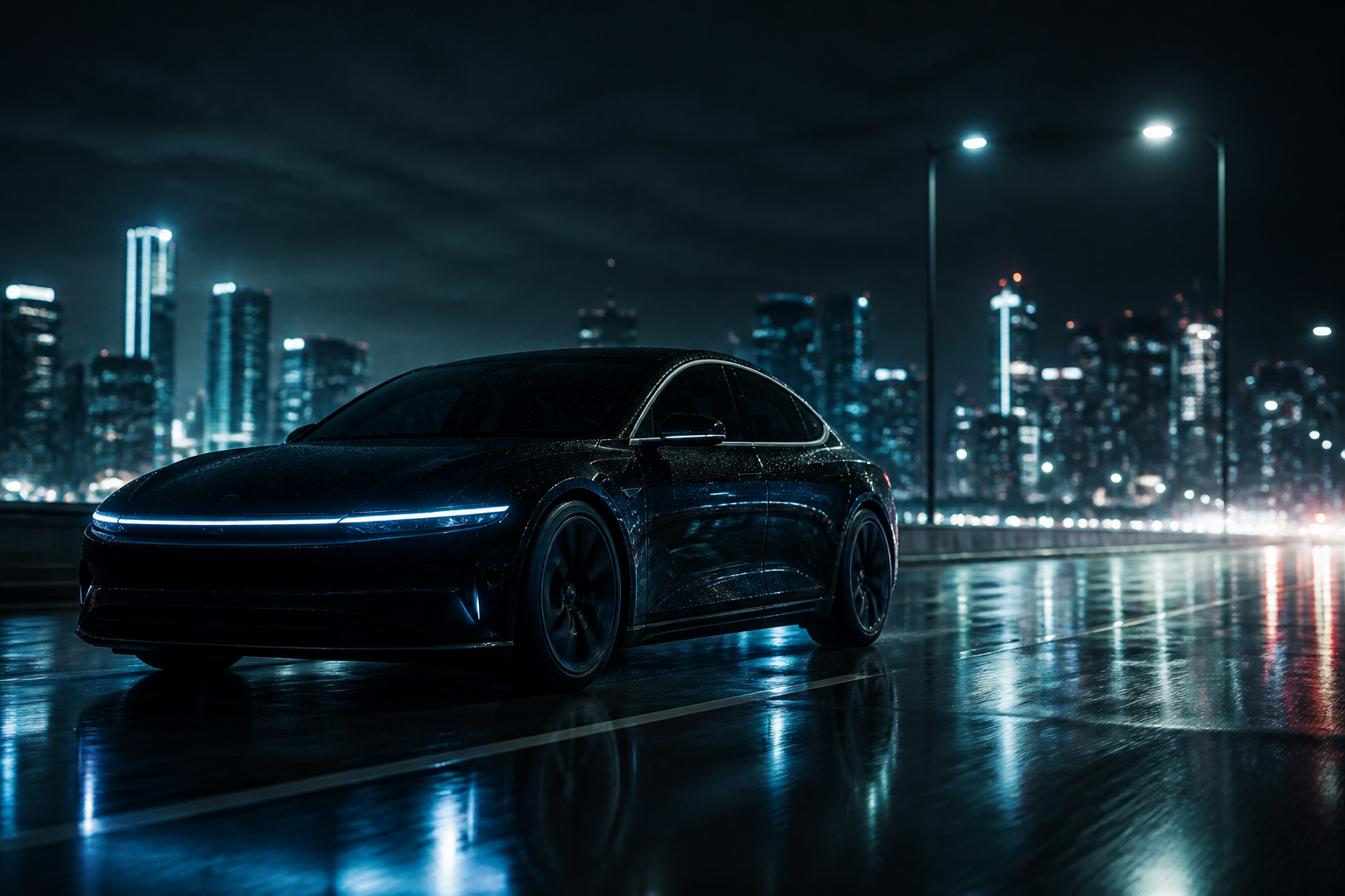 A Tesla on a night lot