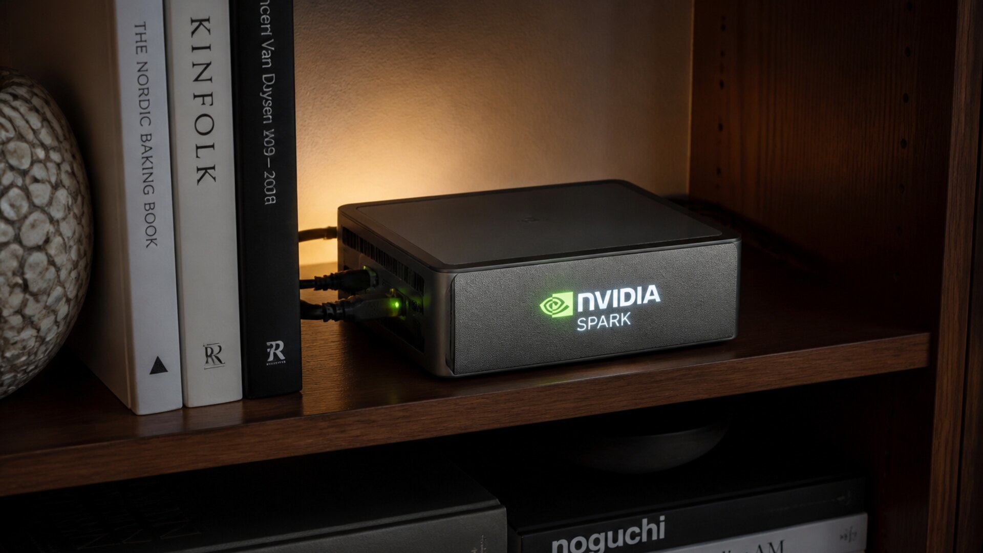 Nvidia Spark on a wooden bookshelf