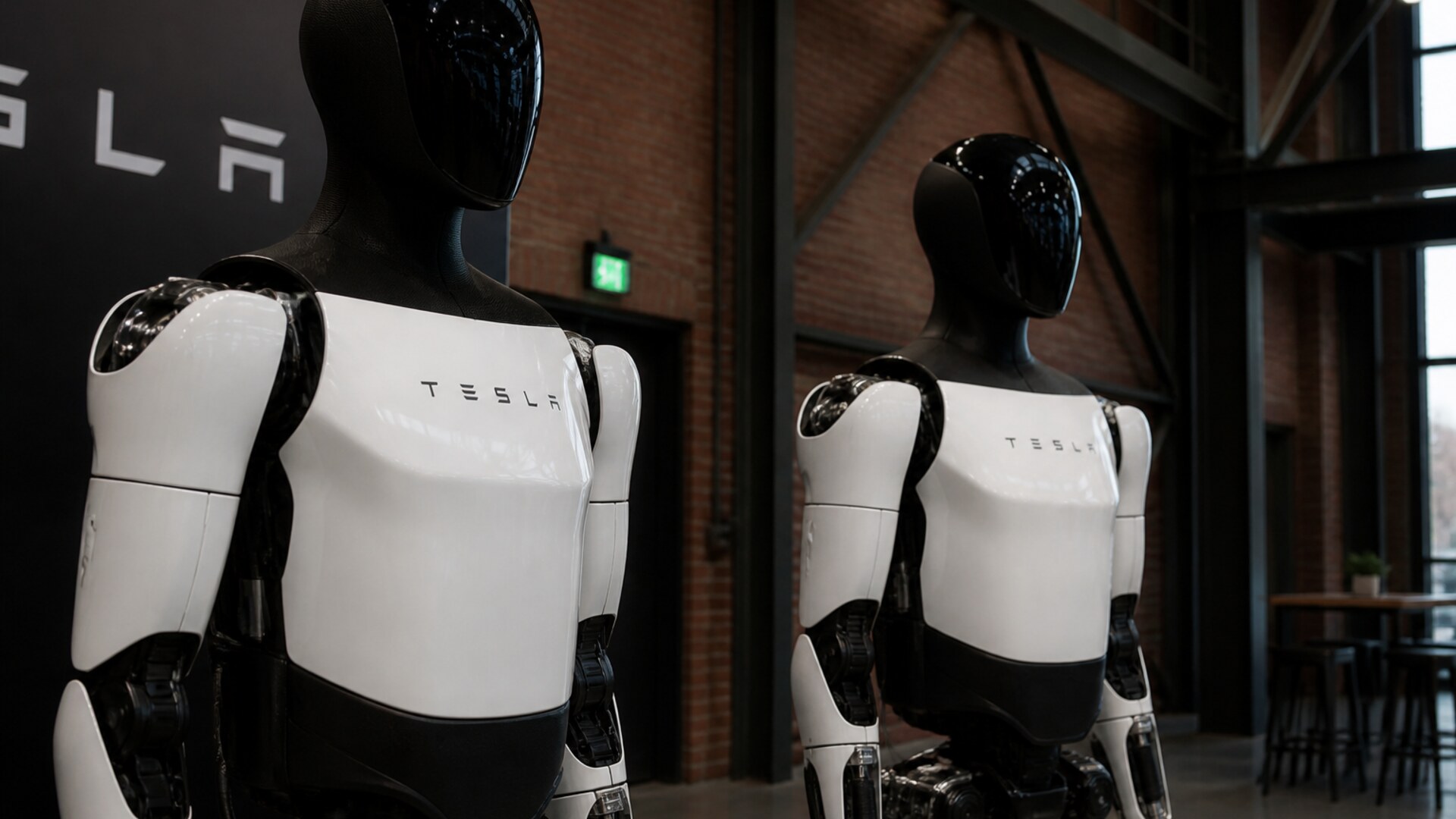 Two Optimus robots in a factory interior