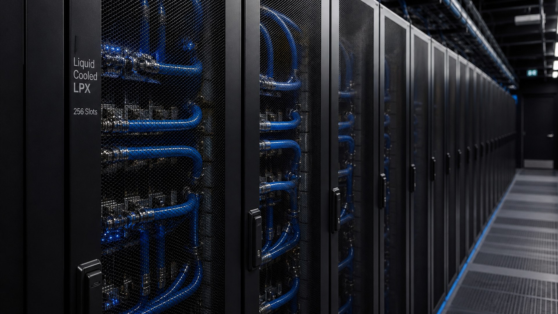 A 256-chip LPX rack in a liquid-cooled aisle