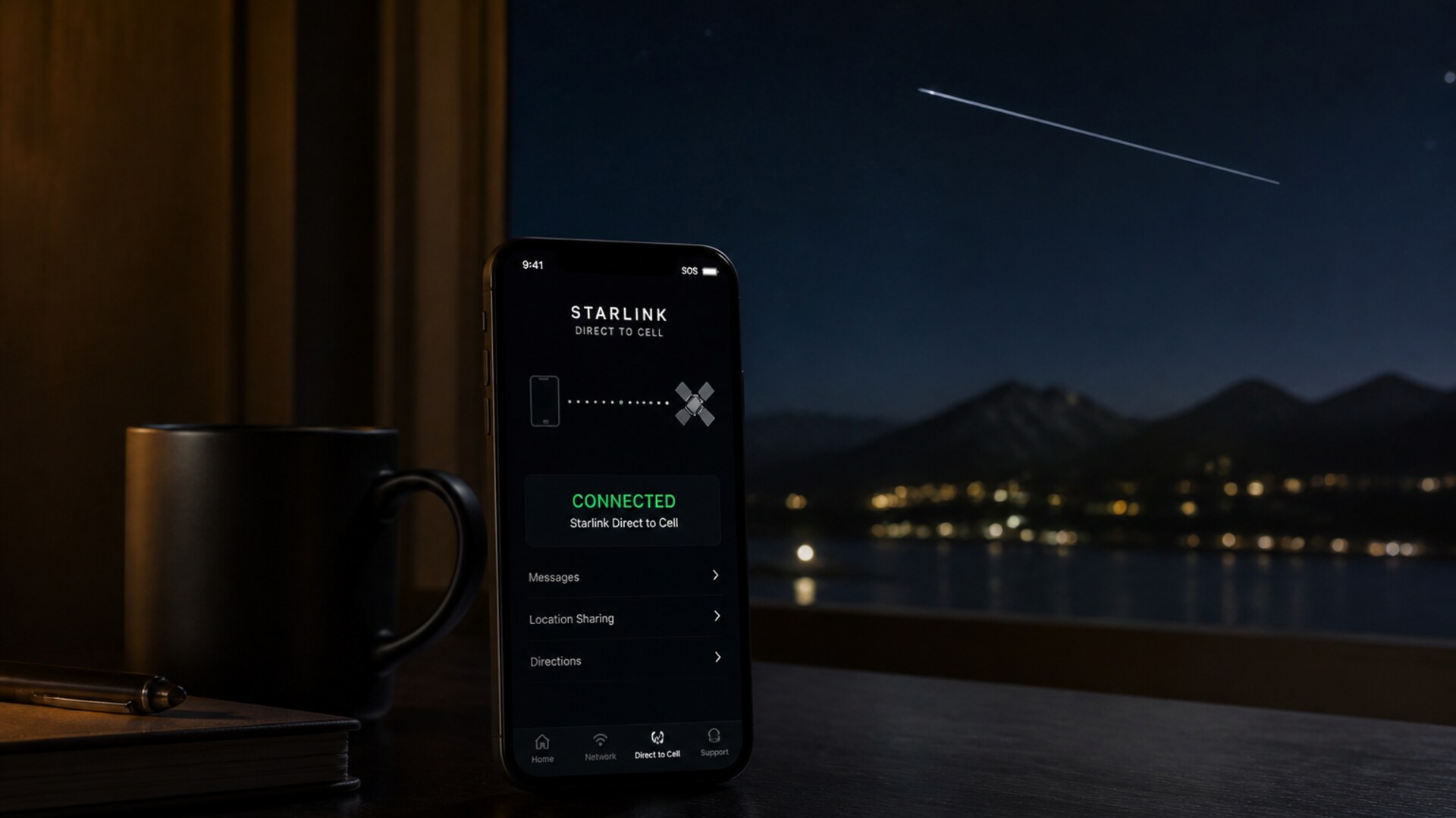 A phone on a night desk showing Starlink Direct to Cell connected