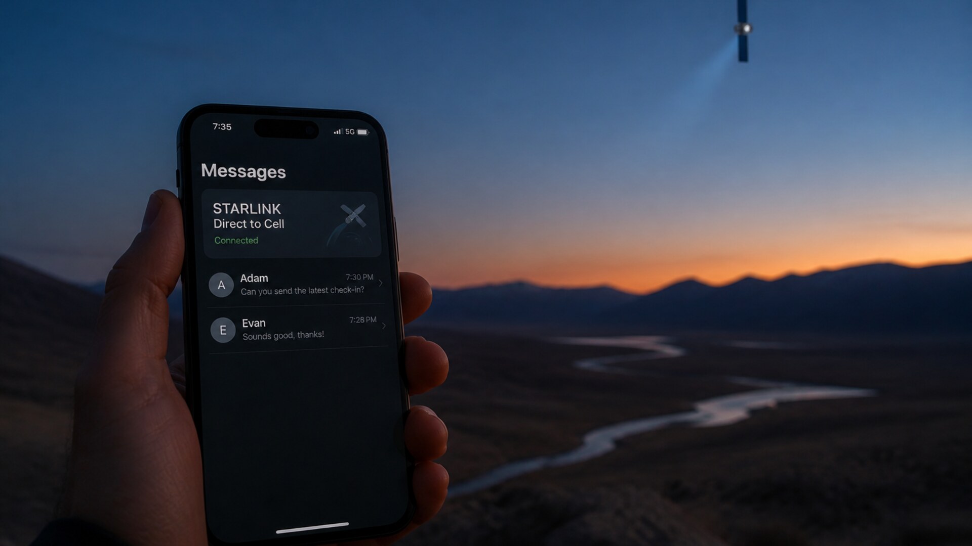 Messages on a phone with a Direct to Cell banner at dusk