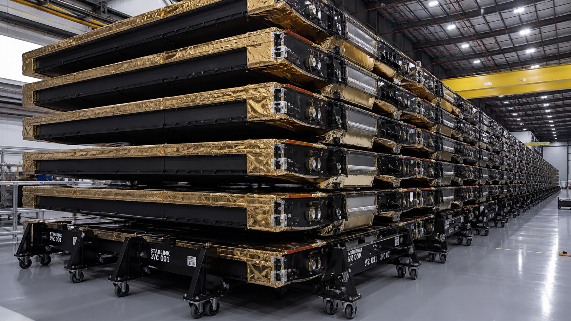 Starlink spacecraft stacked on a factory floor