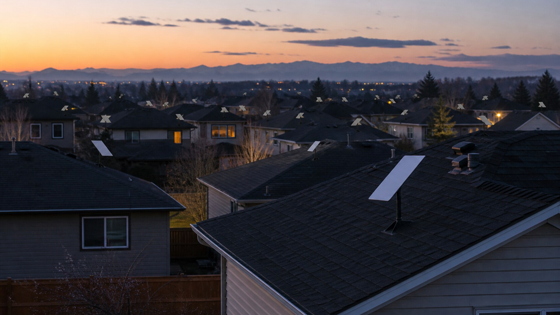 Suburban rooftops crowded with Starlink dishes at dusk