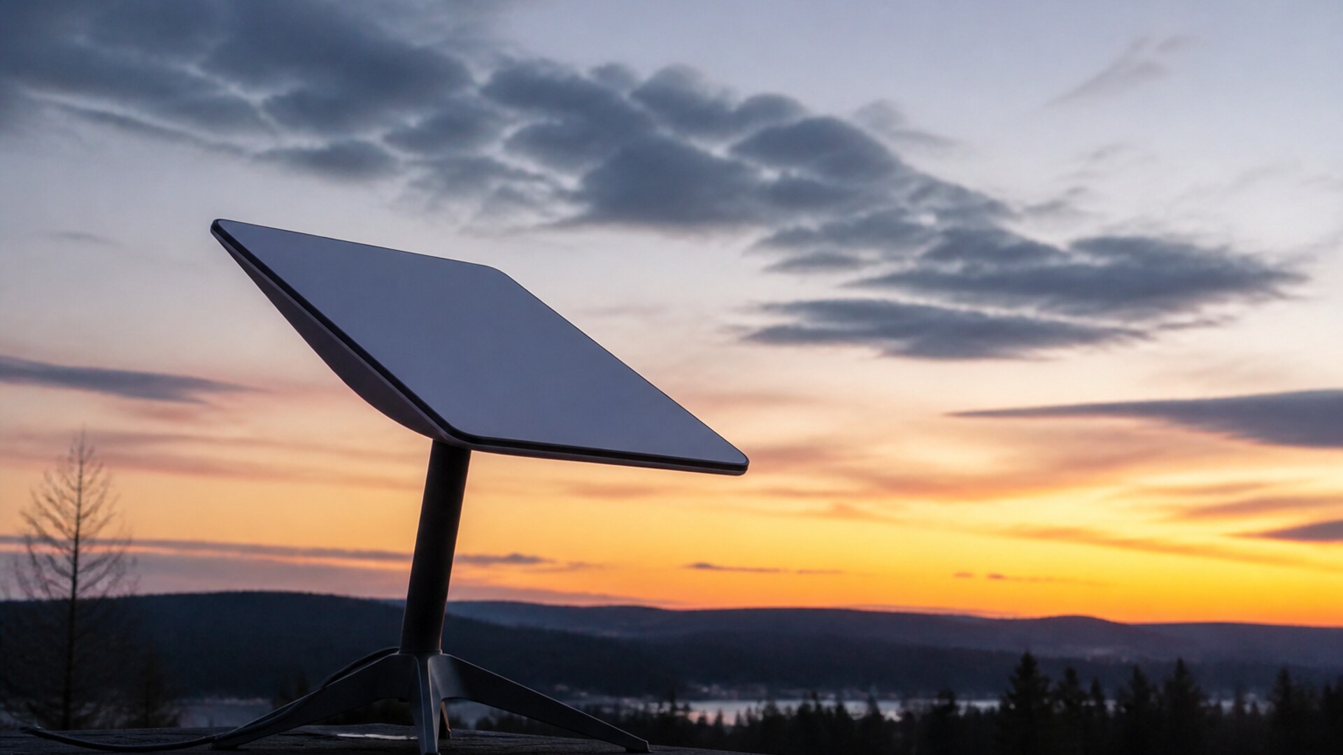 A single Starlink dish on a stand against a sunset