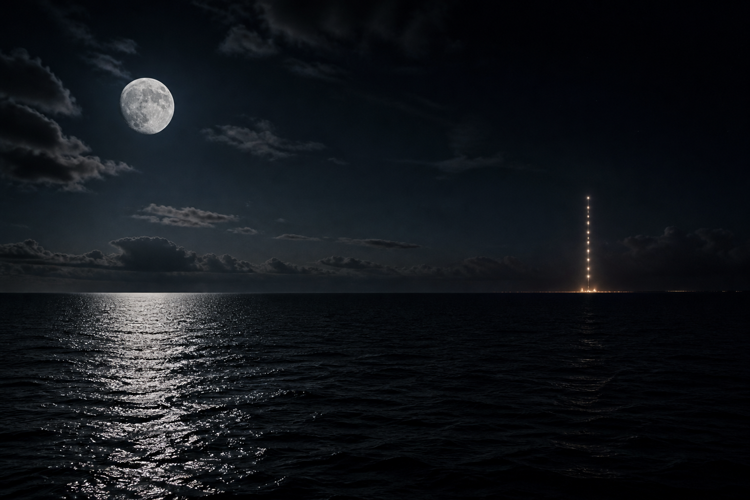 A rocket under a night ocean moon